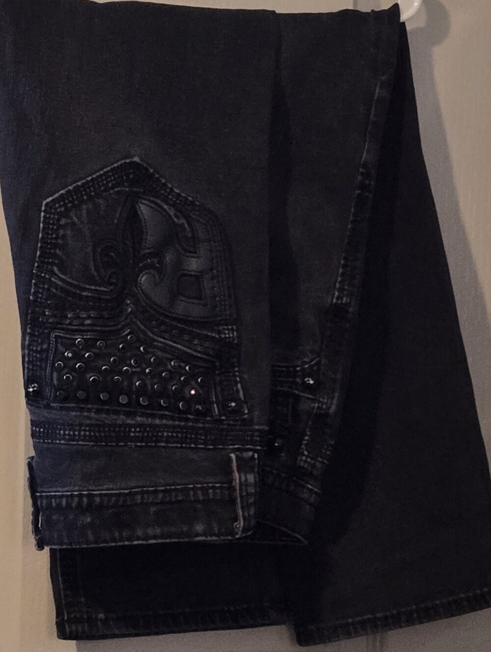 Affliction Men's Black Bootcut Jeans with Studded Fleur-de-Lis Pocket